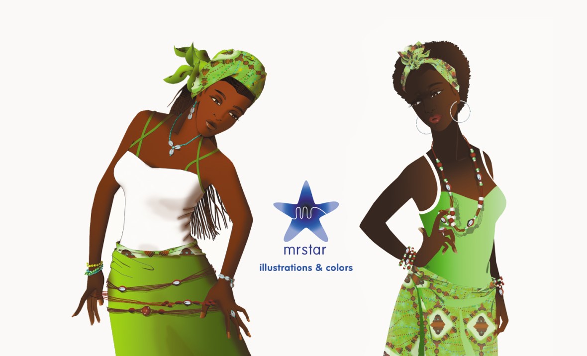 illustration by mrstar of two girls wearing green outfits and moromoro jewelry